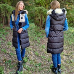 Дамски елек с качулка City Angels Jeans, черен/бежов пух 6775